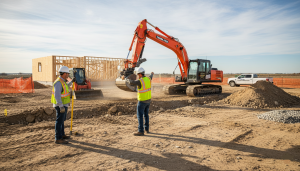 PRofessionnels et engin pendant des travaux de terrassement